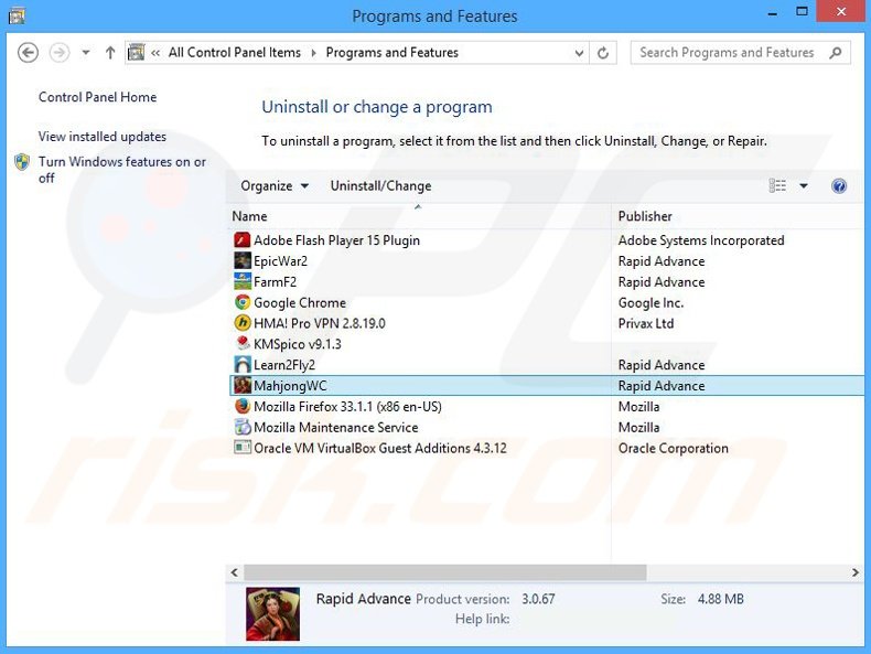 Mahjong World Contest adware uninstall via Control Panel