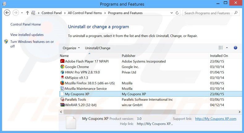 search.mycouponsxp.com browser hijacker uninstall via Control Panel