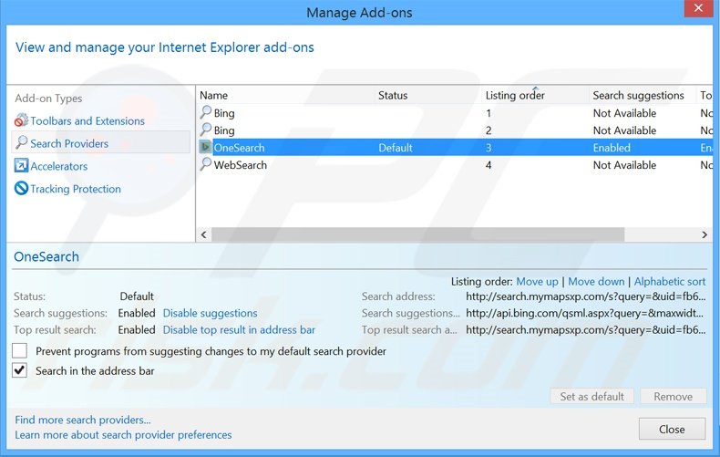 Removing search.mymapsxp.com from Internet Explorer default search engine