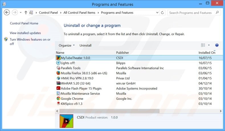 MyTubeTheater adware uninstall via Control Panel
