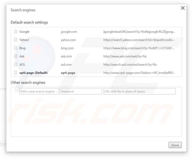 Removing opti-page.com from Google Chrome default search engine