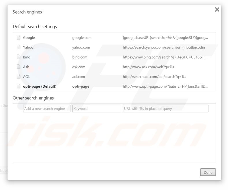 Removing opti-page.com from Google Chrome default search engine