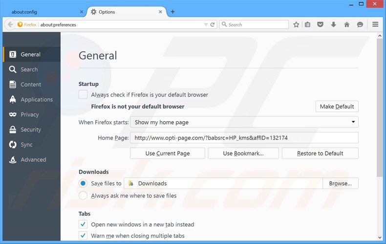 Removing opti-page.com from Mozilla Firefox homepage