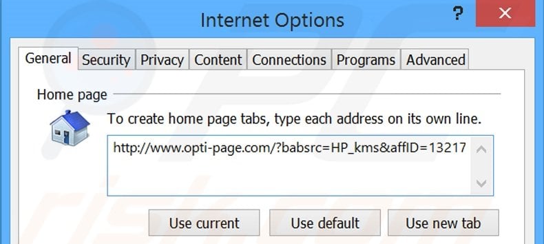 Removing opti-page.com from Internet Explorer homepage