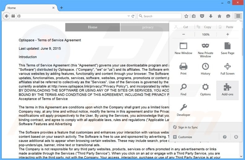 Removing OptiSpace ads from Mozilla Firefox step 1