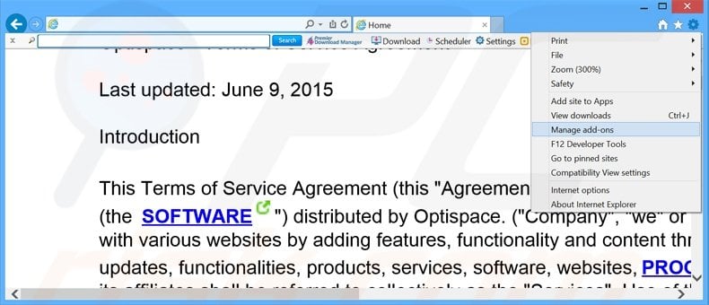Removing OptiSpace ads from Internet Explorer step 1