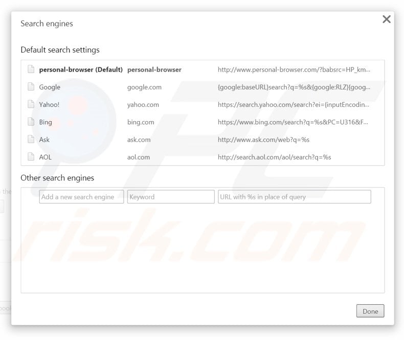 Removing personal-browser.com from Google Chrome default search engine