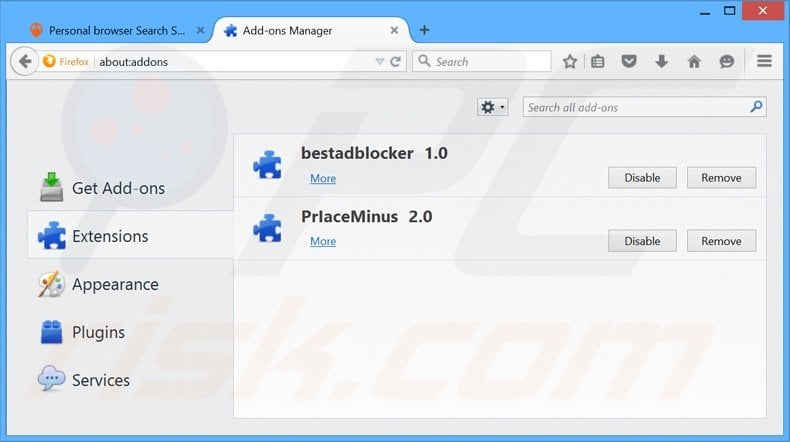 Removing personal-browser.com related Mozilla Firefox extensions