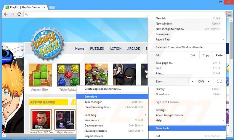 Removing PlayFizz  ads from Google Chrome step 1