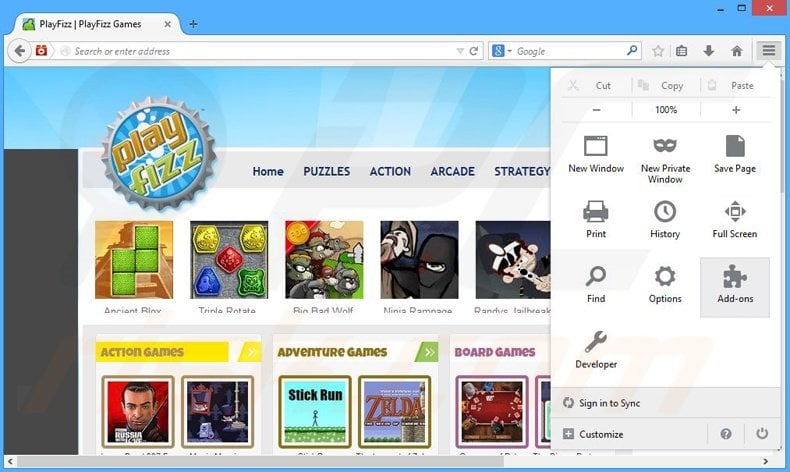 Removing PlayFizz ads from Mozilla Firefox step 1