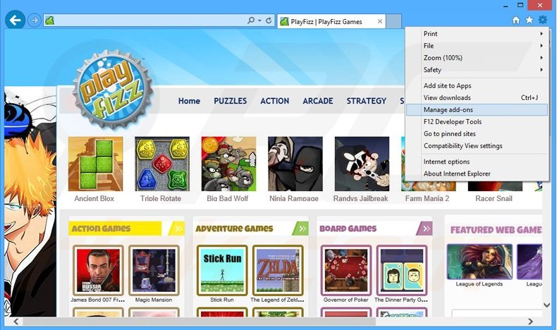 Removing PlayFizz ads from Internet Explorer step 1