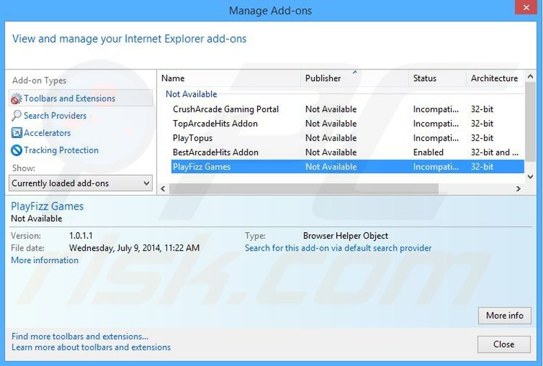 Removing PlayFizz ads from Internet Explorer step 2