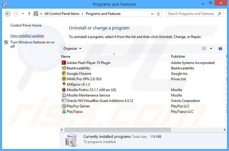 PlayFizz adware uninstall via Control Panel