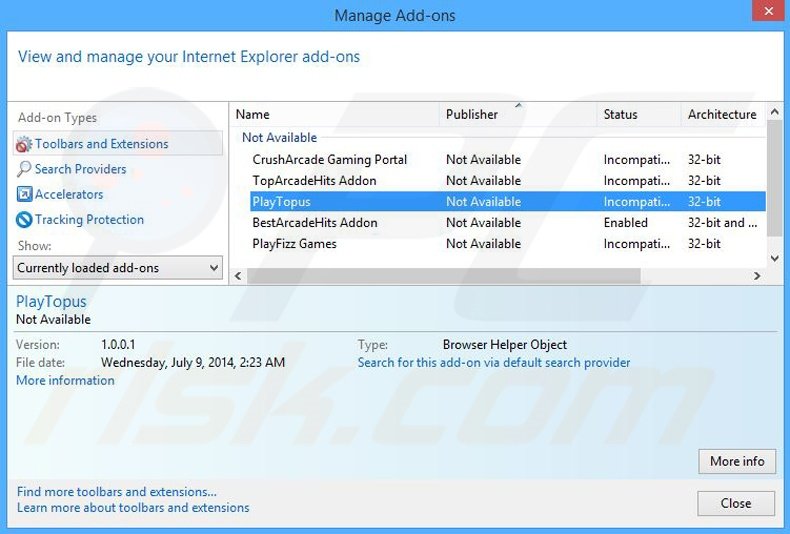 Removing PlayTopus ads from Internet Explorer step 2