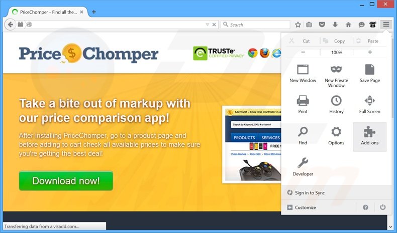 Removing PriceChomper ads from Mozilla Firefox step 1