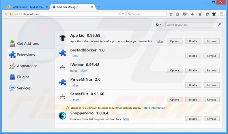 Removing PriceChomper ads from Mozilla Firefox step 2