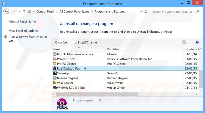 Real Desktop Pool adware uninstall via Control Panel