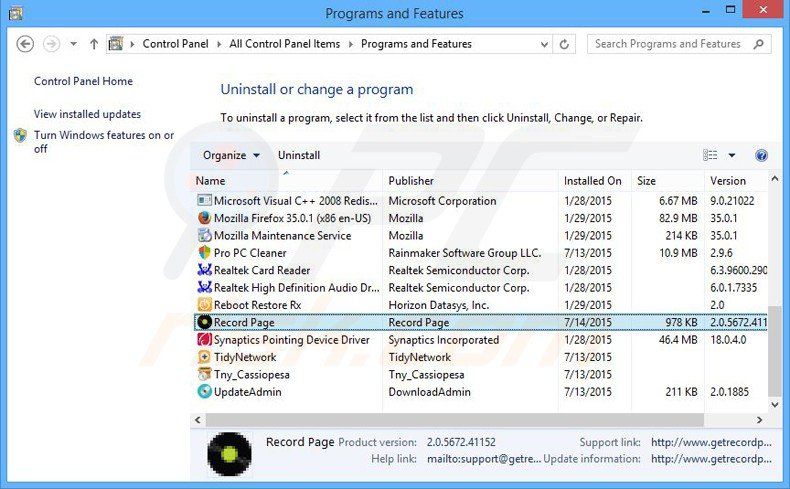 record page adware uninstall via Control Panel