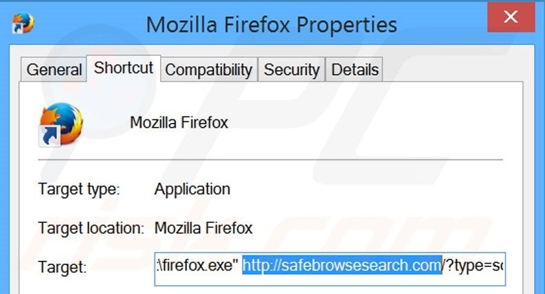 Removing safebrowsesearch.com from Mozilla Firefox shortcut target step 2