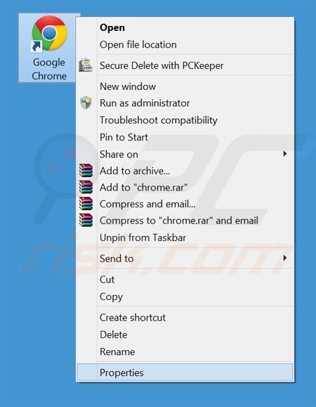 Removing safefinder.com from Google Chrome shortcut target step 1