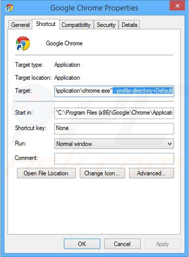 Removing safefinder.com from Google Chrome shortcut target step 2