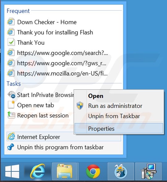 Removing safefinder.com from Internet Explorer shortcut target step 1