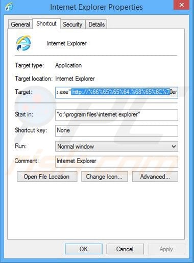 Removing safefinder.com from Internet Explorer shortcut target step 2