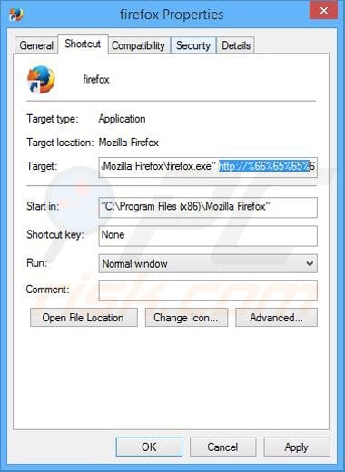 Removing safefinder.com from Mozilla Firefox shortcut target step 2