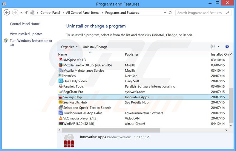 savings ship adware uninstall via Control Panel
