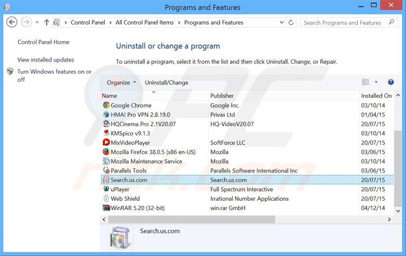 search.us.com browser hijacker uninstall via Control Panel