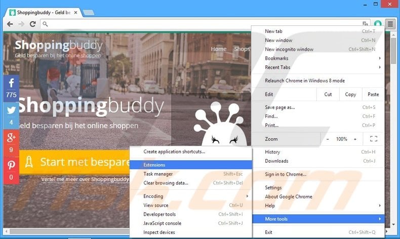Removing Shoppingbuddy ads from Google Chrome step 1