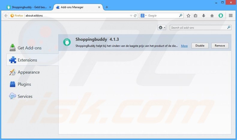 Removing Shoppingbuddy ads from Mozilla Firefox step 2