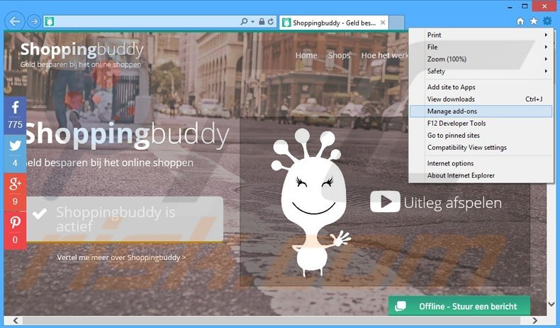 Removing Shoppingbuddy ads from Internet Explorer step 1