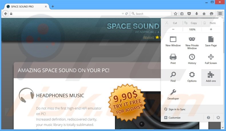 Removing SpaceSoundPro ads from Mozilla Firefox step 1