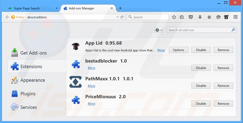 Removing super-page.com related Mozilla Firefox extensions