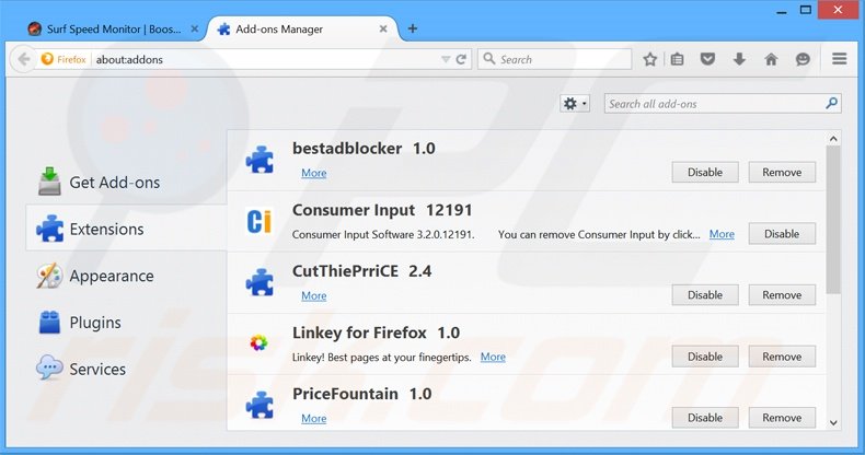 Removing Surf Speed Monitor ads from Mozilla Firefox step 2