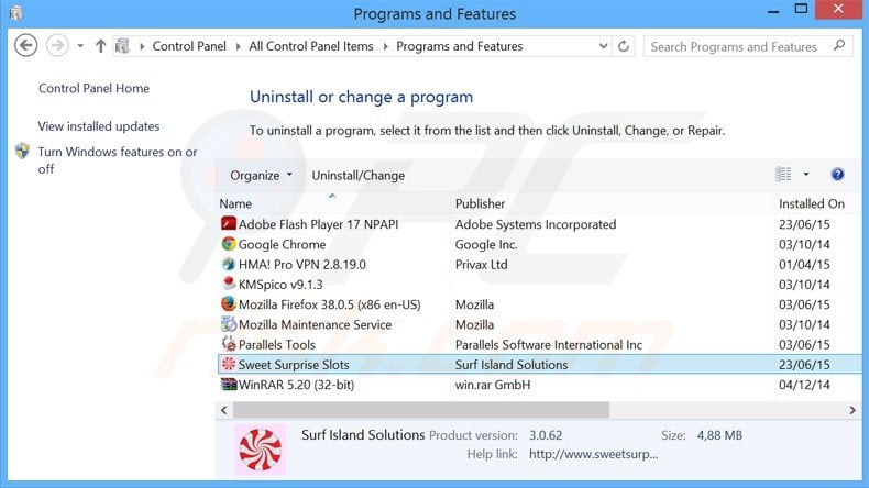 sweet surprise slots adware uninstall via Control Panel