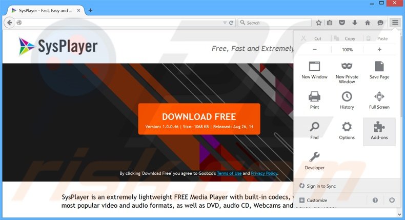 Removing SysPlayer ads from Mozilla Firefox step 1