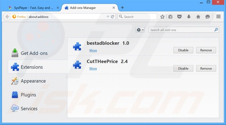 Removing SysPlayer ads from Mozilla Firefox step 2