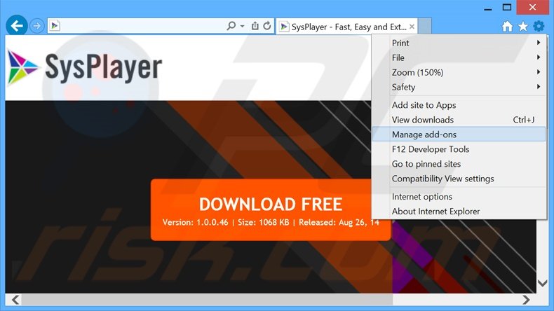 Removing SysPlayer ads from Internet Explorer step 1
