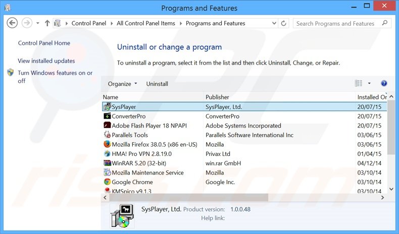 SysPlayer adware uninstall via Control Panel