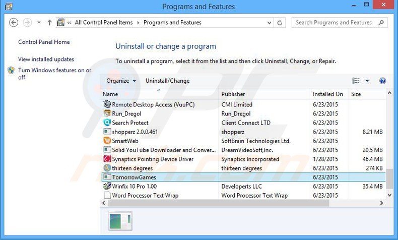 tomorrowgames adware uninstall via Control Panel