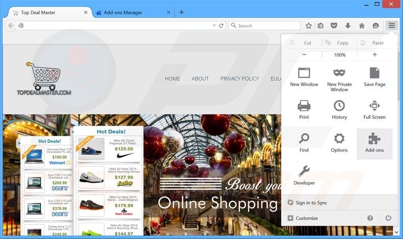 Removing Top Deal Master ads from Mozilla Firefox step 1