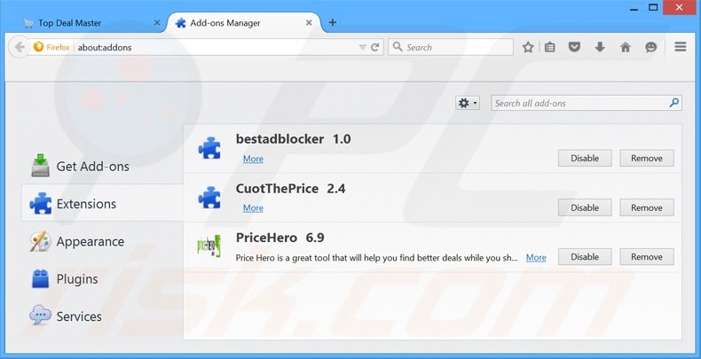Removing Top Deal Master ads from Mozilla Firefox step 2