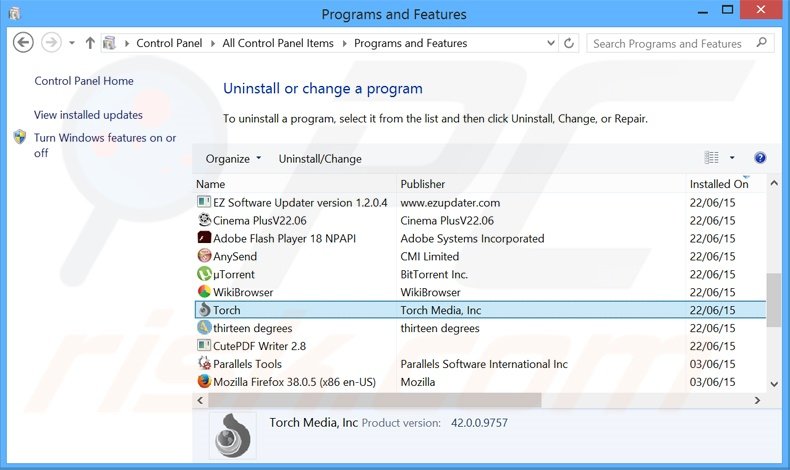 Torch Browser adware uninstall via Control Panel