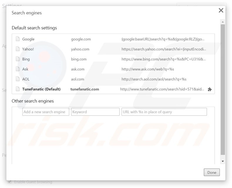 Removing tunefanatic.com from Google Chrome default search engine