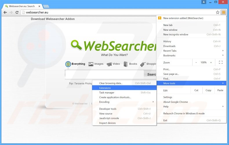 Removing WebSearcher  ads from Google Chrome step 1