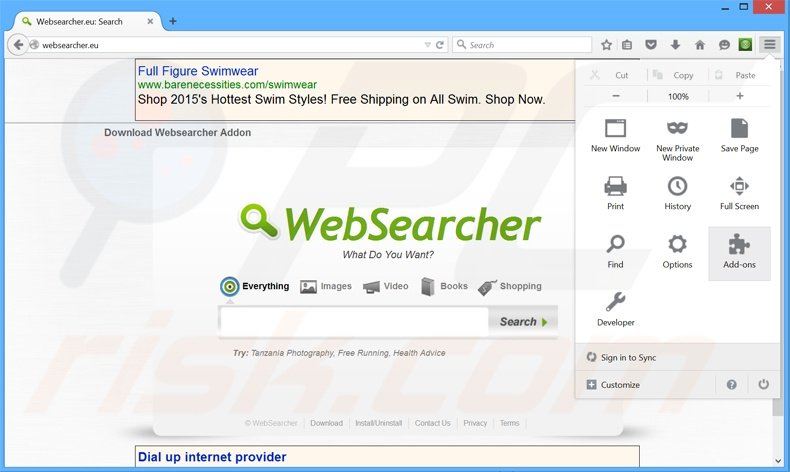 Removing WebSearcher ads from Mozilla Firefox step 1