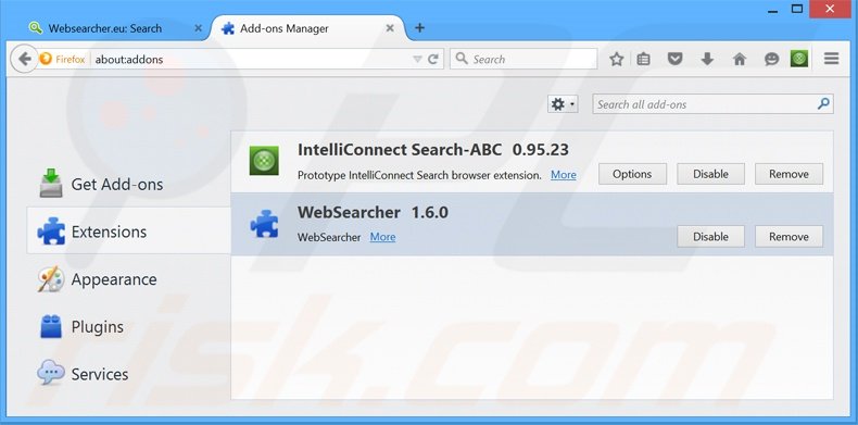 Removing WebSearcher ads from Mozilla Firefox step 2