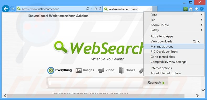 Removing WebSearcher ads from Internet Explorer step 1